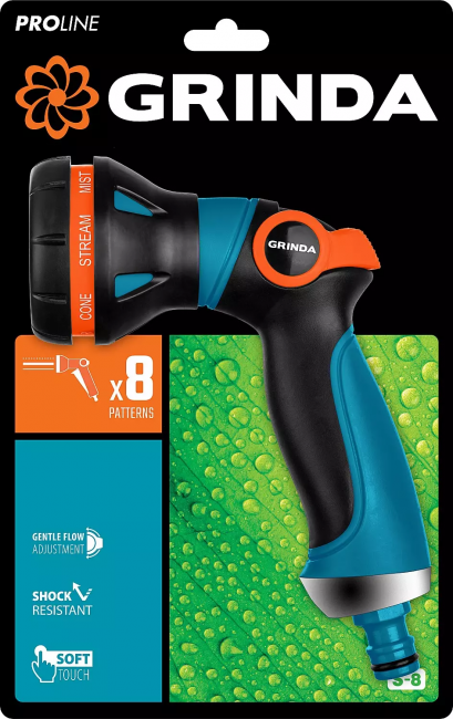 Пистолет поливочный GRINDA PROLine S-8, 8 режимов, двухкомпонентный с регулятором напора 429100