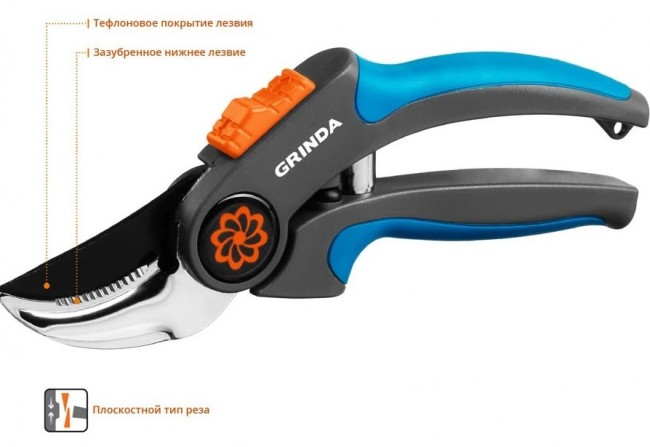 Секатор GRINDA PROLine P-55 с двухкомпонентными рукоятками, плоскостной, 205 мм 423455